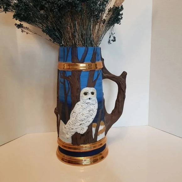 Large Vintage 90s Pottery Stein With Flying  Snow Owls and Tree Branch Handle. - Picture 2 of 9